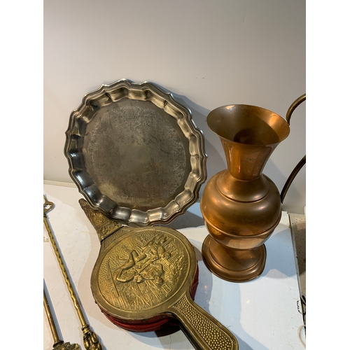 261 - Copper jug, brass toasting forks and brass fire bellows