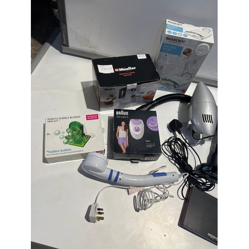 534 - Mixed lot inc hand massager, external dvd driver, spiralizer and robotic bubble blower