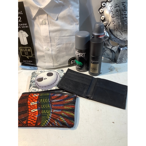 216 - Mixed items - 1 new white boys shirt, wallets, mask plus men’s deodorants