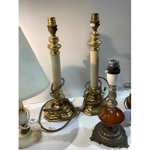 238 - Collection of lamps, mainly brass style inc matching pair