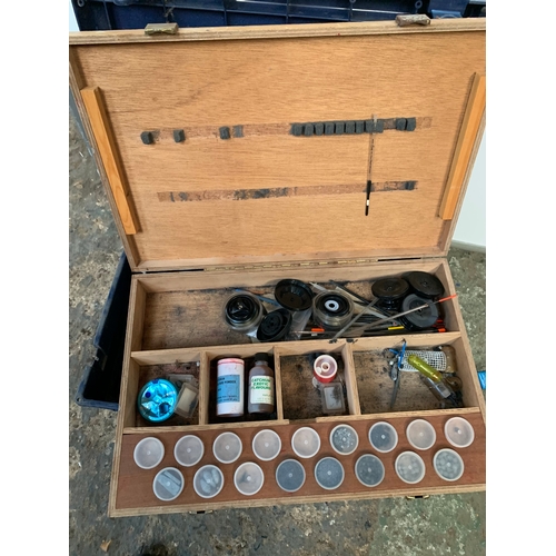 335 - Fishing Box with shoulder strap. Contains assortment of related equipment