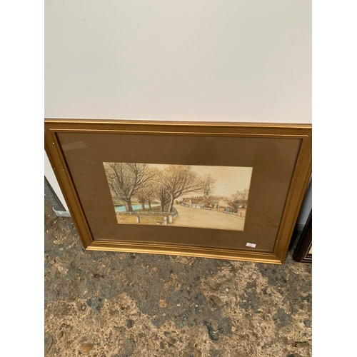 436 - RF Bracey Village Scene Photograph in gold frame, and Lioness with Cub in wooden frame