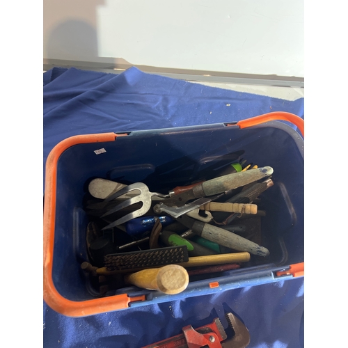 177 - Crate of tools inc monkey wrench, hammers and garden tools