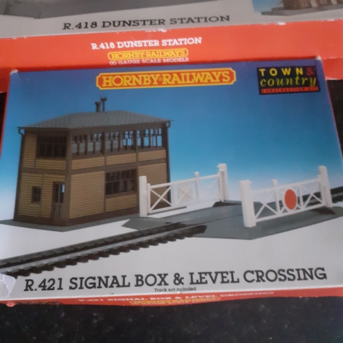 22B - Hornby Models. R.421 Signal box and level crossing and R418 Dunster Station. Boxes have been opened.