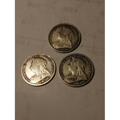 23A - COINS : 3 x Victorian old head silver threepences dated 1898,1899 and 1900