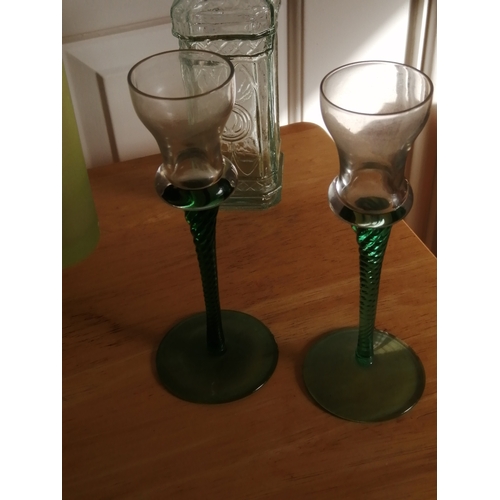 40A - Various glassware including a pair of green twisted stem candle holders Olive oil bottle etc