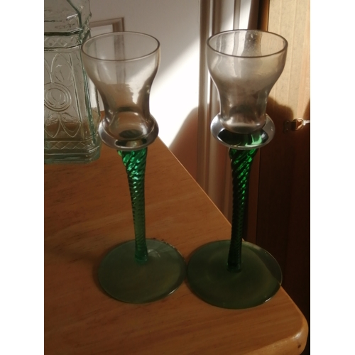 40A - Various glassware including a pair of green twisted stem candle holders Olive oil bottle etc