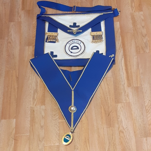 143A - Masonic Regalia. Provincial Apron, Collar and Jewel. Norfolk. Good used condition