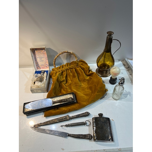 157 - Collectible lot inc bamboo handled bag, silver plated ware, candle light bulb and small atomiser