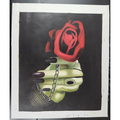 117A - Large colour print on canvas. Hand holding a red rose and a chain. Size: 60 cm x 70 cm.