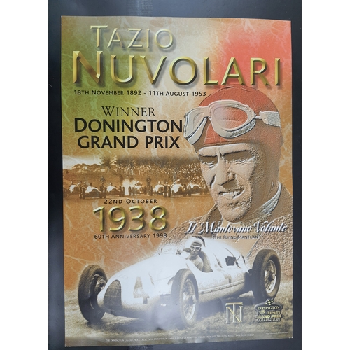 113A - 2 car racing themed prints. Reproduction sepia tone poster Tazio Nuvolari, winner Donington Grand Pr... 