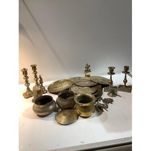 300 - Collection of brass items candlesticks pots etc