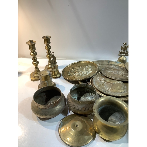 300 - Collection of brass items candlesticks pots etc