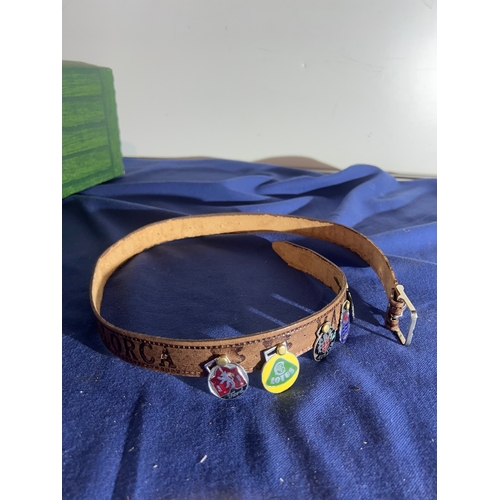 296 - Majorca leather belt with badges inc ford, lotus, Austin, morris and more