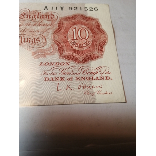 37A - COINS : Ten shilling note L K O'brien (1955 to 62) in about mint condition