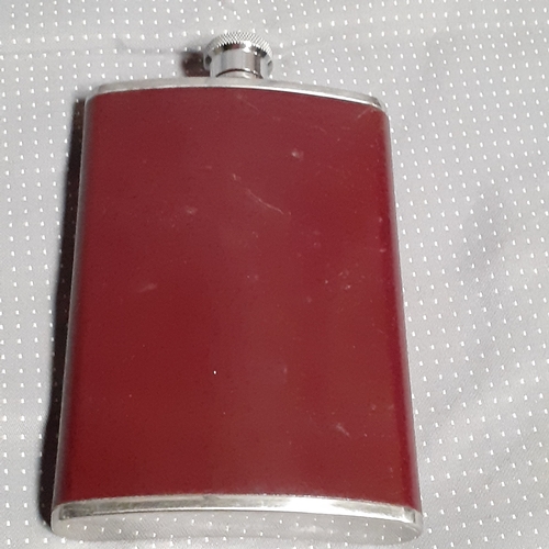 120 - F . Hinds jewellers leather covered stainless steel hip flask. Nice condition