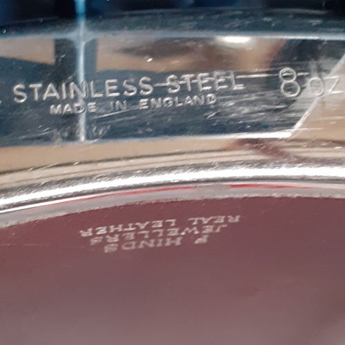 120 - F . Hinds jewellers leather covered stainless steel hip flask. Nice condition