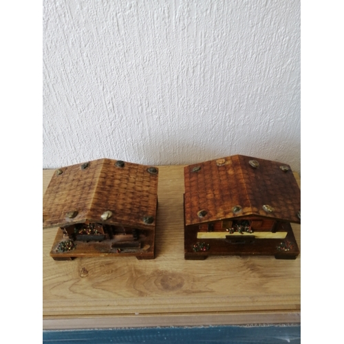 52A - 2 x small musical Swiss cottage wooden boxes 12cm x 8cm