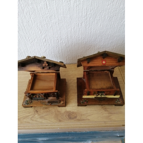 52A - 2 x small musical Swiss cottage wooden boxes 12cm x 8cm