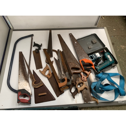 124 - Mixed lot of toys inc saws, hammers, ratchet straps, Makita drills and saw etc