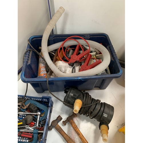 123 - Mixed lot of tools inc screwdrivers, hammers, mallets, clamps, jump leads, axe etc