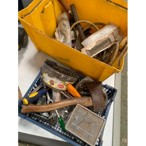 123 - Mixed lot of tools inc screwdrivers, hammers, mallets, clamps, jump leads, axe etc