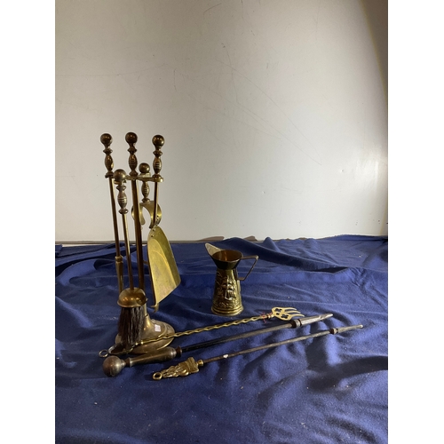 158 - Brass Fire side companion set, toasting fork, pokers and brass jug