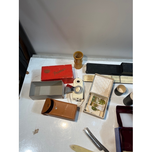 40 - Collectible lot inc slide rules, cut throat barber blade, pop out slide viewer and more