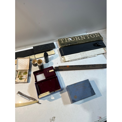 40 - Collectible lot inc slide rules, cut throat barber blade, pop out slide viewer and more