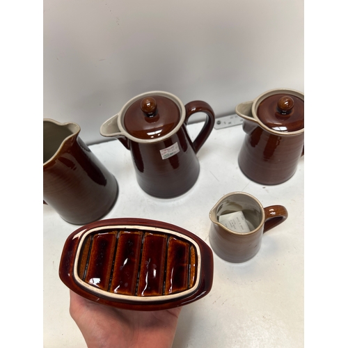 15 - Denby collection inc coffee pot, milk jug and toast rack