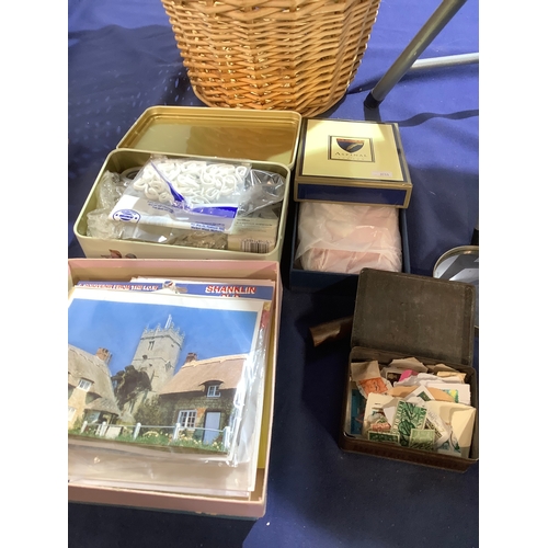 46 - Mixed collection folding stool, clothes brush, wicker basket, new notepad and more