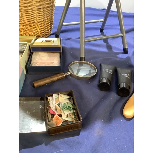 46 - Mixed collection folding stool, clothes brush, wicker basket, new notepad and more