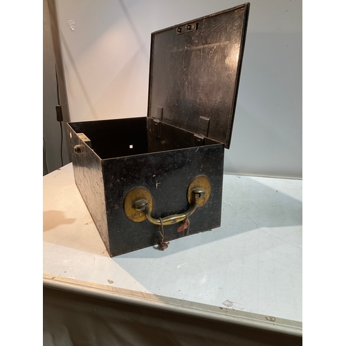 37 - Heavy metal box with brass coloured handle approximately 17.5” x 10” x7.5”