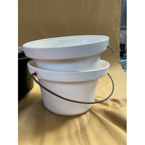 2 ceramic pots, cookworks slow cooker and large orange metal casserole ...