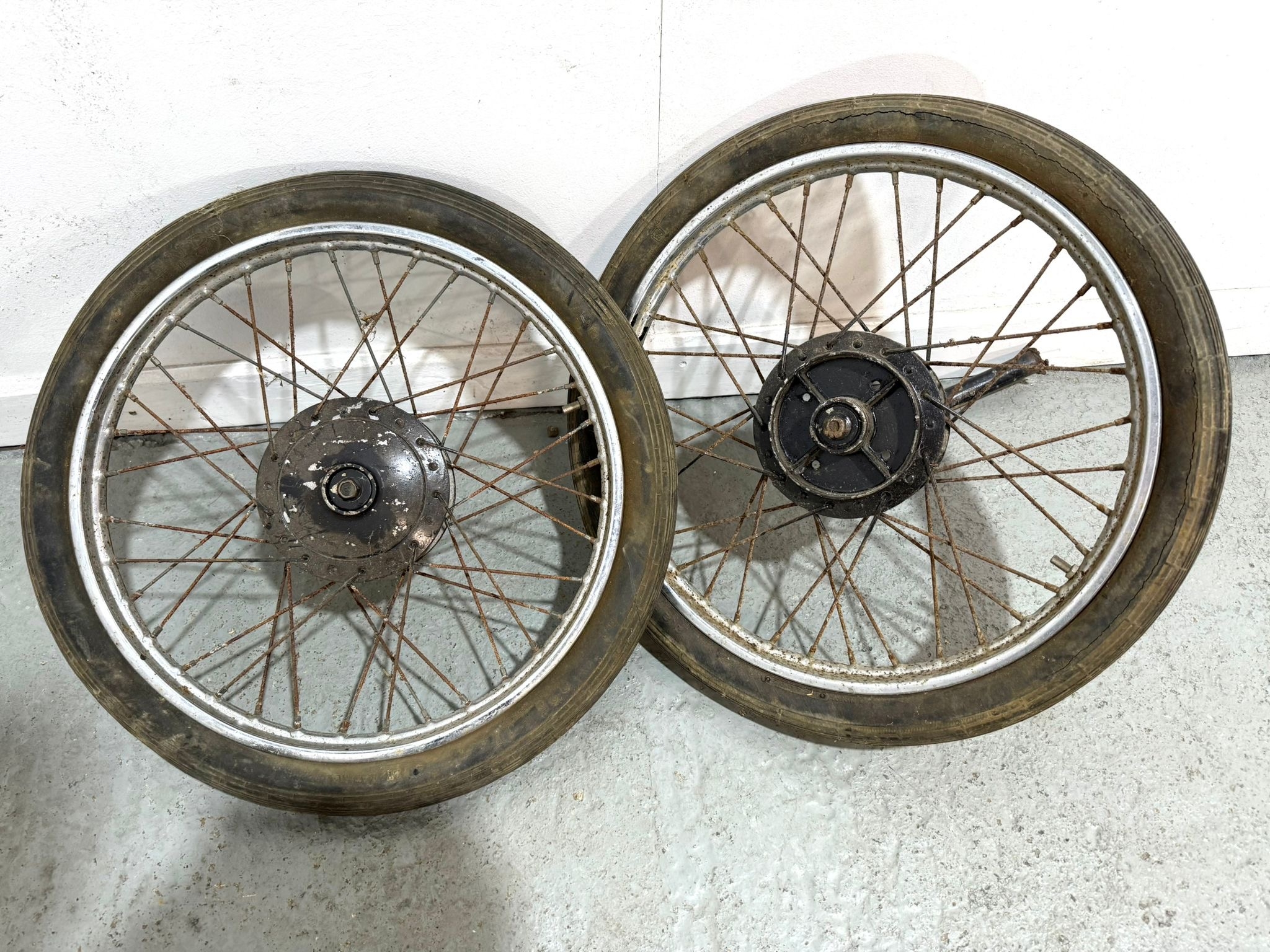 Pair of vintage motorcycle wheels