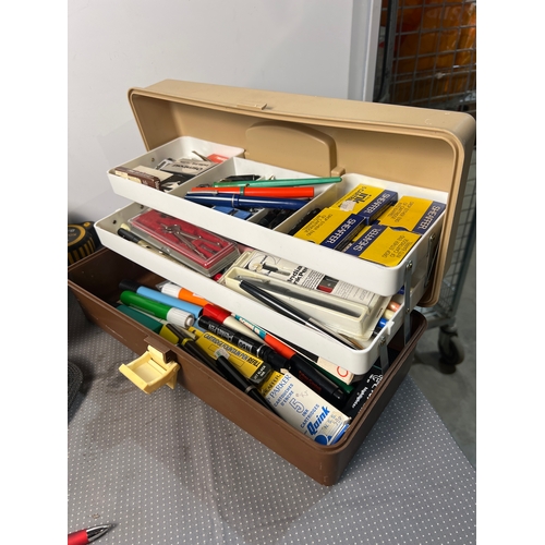301 - Plastic storage box full of calligraphy inc pens, Sheaffer cartridges, compass and more