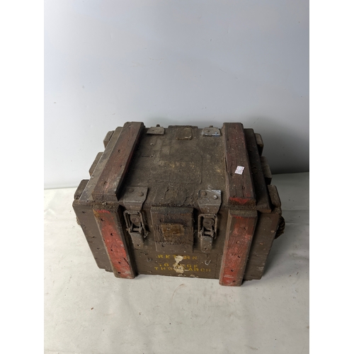 79 - Vintage wooden hinged lid munitions box - with rope handles