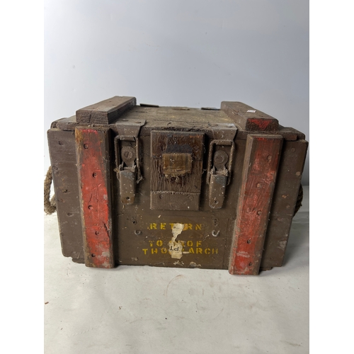 79 - Vintage wooden hinged lid munitions box - with rope handles