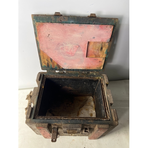 79 - Vintage wooden hinged lid munitions box - with rope handles