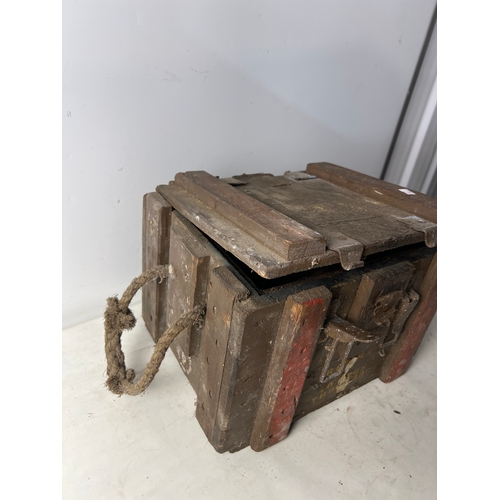 79 - Vintage wooden hinged lid munitions box - with rope handles