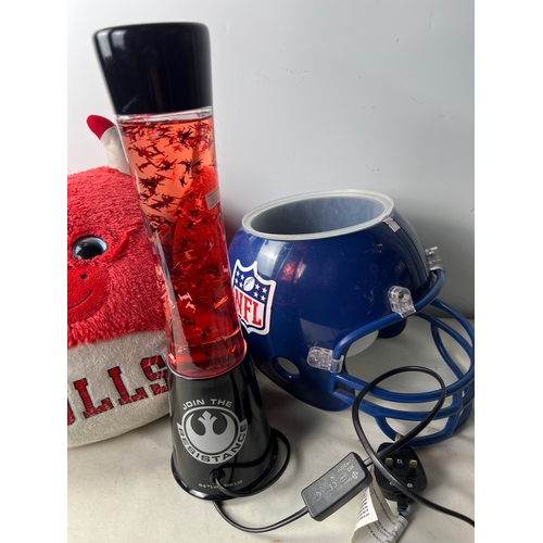 107 - Star Wars lava lamp, large bulls plush and NFL feeding helmet