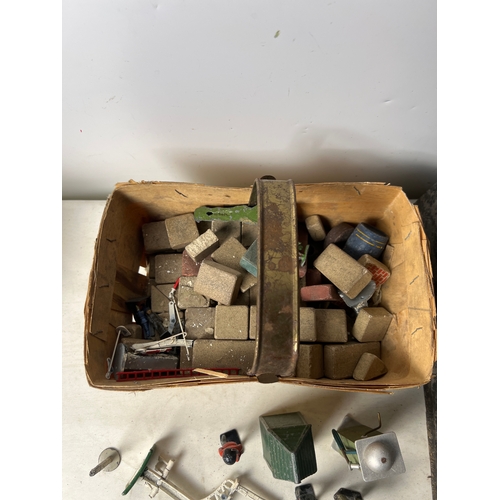 193 - Wooden play castle with quantity of lead Britains soldiers, guard tower and petrol pump