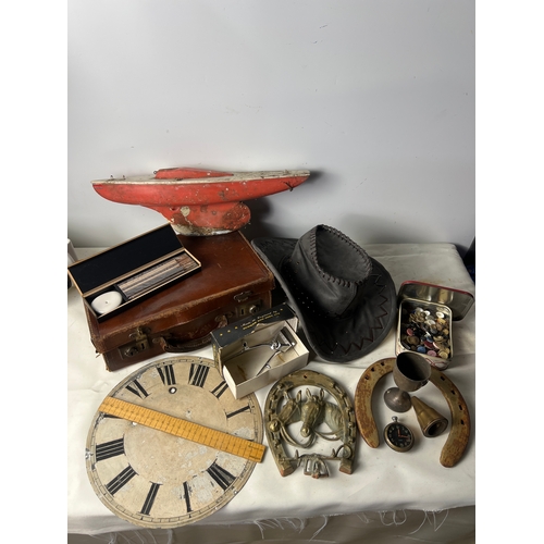 196 - Collectible lot inc trunk, buttons, cowboy hat, horse shoe and more