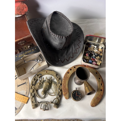 196 - Collectible lot inc trunk, buttons, cowboy hat, horse shoe and more