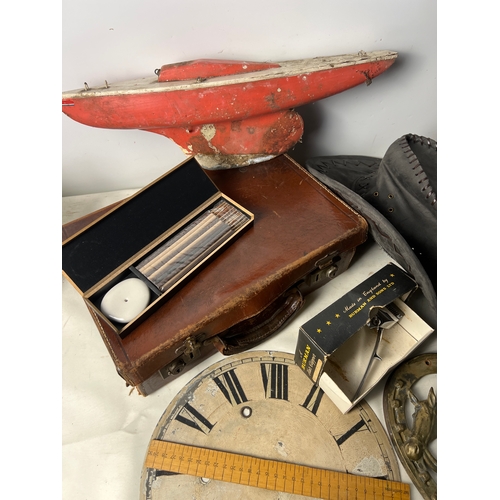 196 - Collectible lot inc trunk, buttons, cowboy hat, horse shoe and more