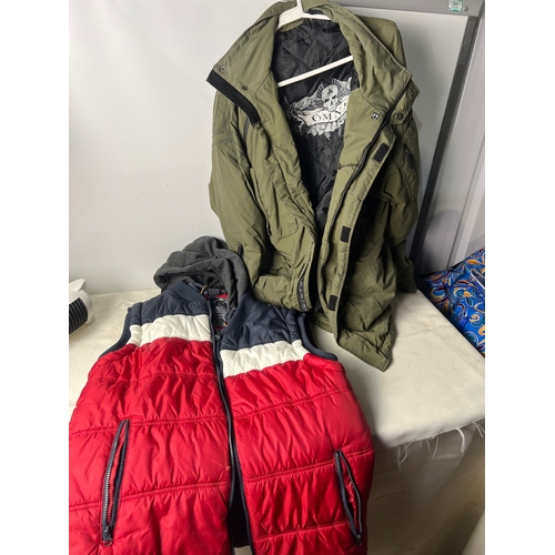 198 - Red white & blue size L hoodies gillet and Omni khaki coat
