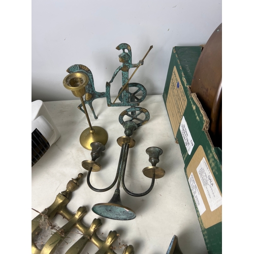 199 - Copper & brass lot inc candle holders, copper bed pan, brass letter frame and more