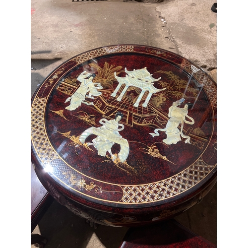 254 - A fantastic example of a Chinese hardwood circular glazed table and 4 stools - mother of pearl inlay... 