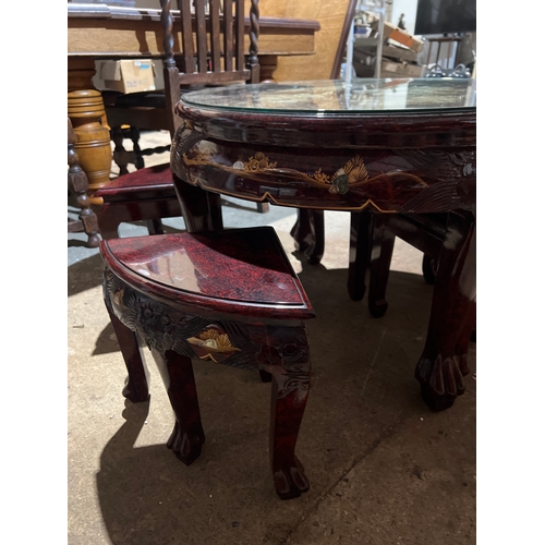 254 - A fantastic example of a Chinese hardwood circular glazed table and 4 stools - mother of pearl inlay... 