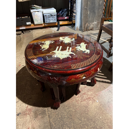 254 - A fantastic example of a Chinese hardwood circular glazed table and 4 stools - mother of pearl inlay... 